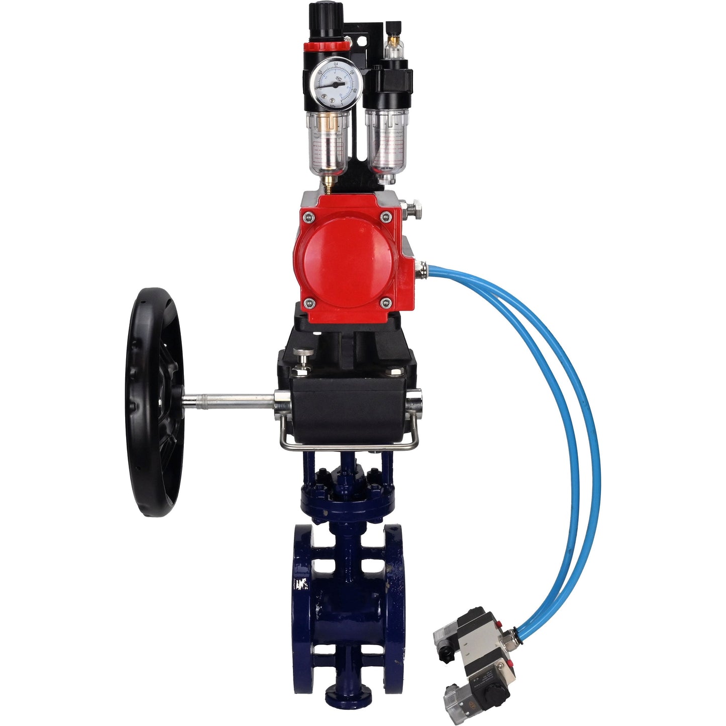 Water Butterfly Valve DNOVA WBV3EX-3432M-1W-F-ISO, body material - Carbon steel, disk material - Stainless steel AISI 316, seal - Metal, pneumatic actuator PA-DA double action, 4V320-08 220V handwheel MON, ATU AFC2000