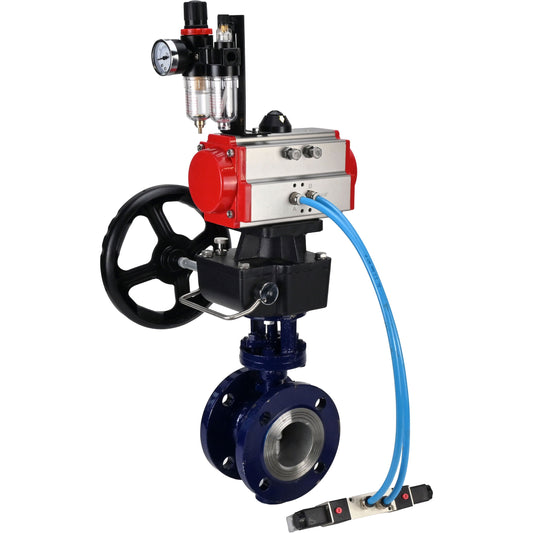 Water Butterfly Valve DNOVA WBV3EX-3432M-1W-F-ISO, body material - Carbon steel, disk material - Stainless steel AISI 316, seal - Metal, pneumatic actuator PA-DA double action, 4V320-10 220V handwheel MON, ATU AFC2000