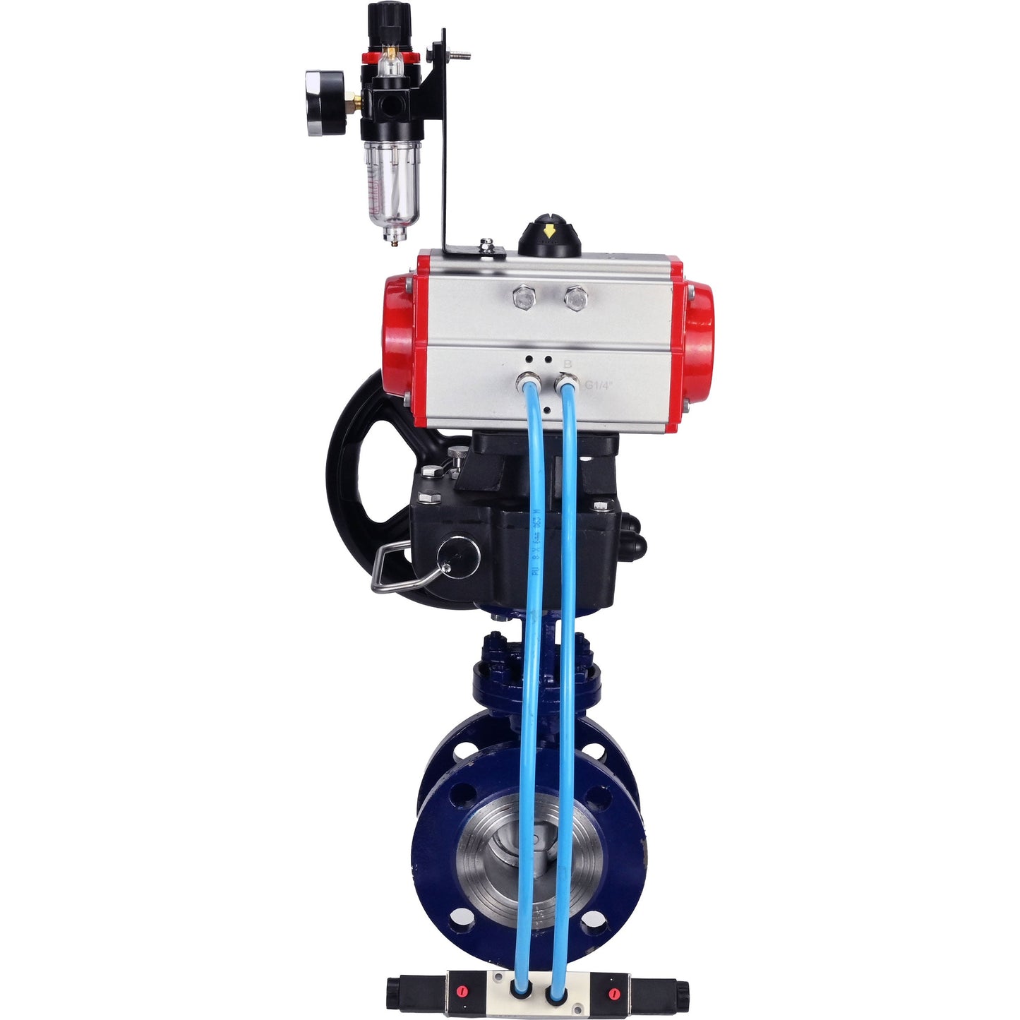 Water Butterfly Valve DNOVA WBV3EX-3432M-1W-F-ISO, body material - Carbon steel, disk material - Stainless steel AISI 316, seal - Metal, pneumatic actuator PA-DA double action, 4V320-08 220V handwheel MON, ATU AFC2000