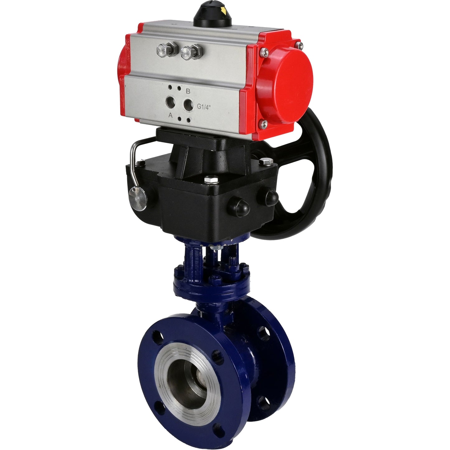 Water Butterfly Valve DNOVA WBV3EX-3431M-1W-F-ISO, body material - Carbon steel, disk material - Stainless steel AISI 304, seal - Metal, pneumatic actuator PA-DA double action handwheel MON,