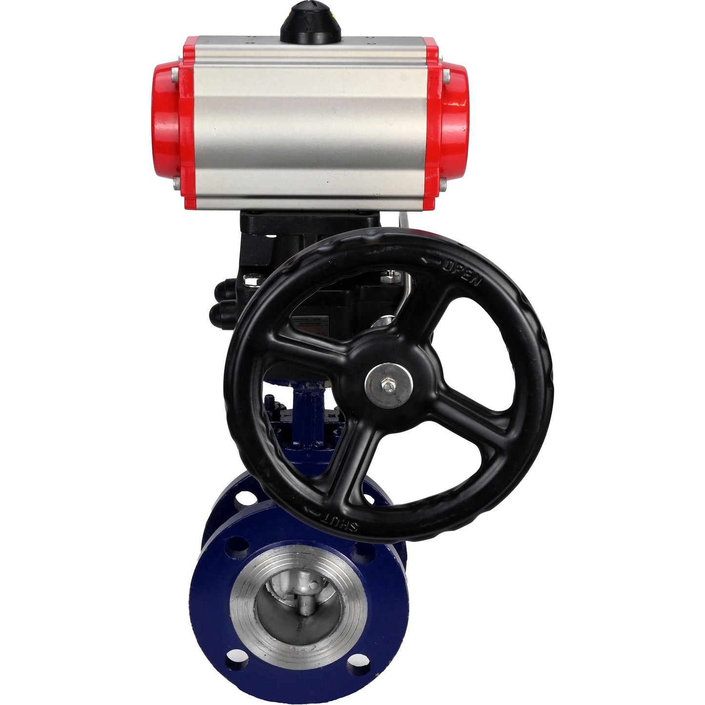Water Butterfly Valve DNOVA WBV3EX-3431M-1W-F-ISO, body material - Carbon steel, disk material - Stainless steel AISI 304, seal - Metal, pneumatic actuator PA-DA double action handwheel MON,