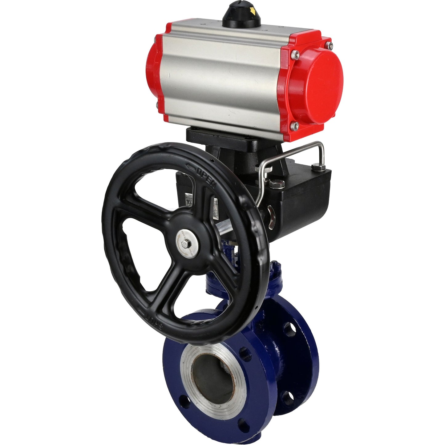 Water Butterfly Valve DNOVA WBV3EX-3431M-1W-F-ISO, body material - Carbon steel, disk material - Stainless steel AISI 304, seal - Metal, pneumatic actuator PA-DA double action handwheel MON,