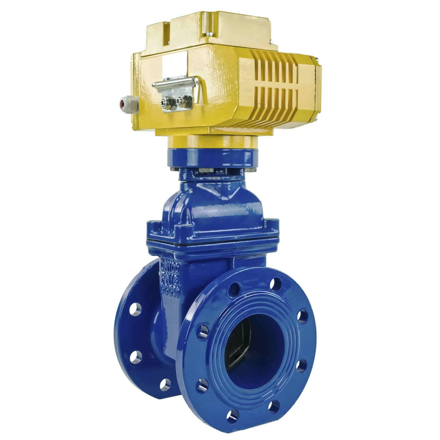 Wedge gate valve blue DNOVA-GGG50-EPDM-F4-BLUE PSI232 class 150 T=230-248°F flange connection, with rubber lined wedge EPDM, electric actuator DNOVA MT-380, 380V
