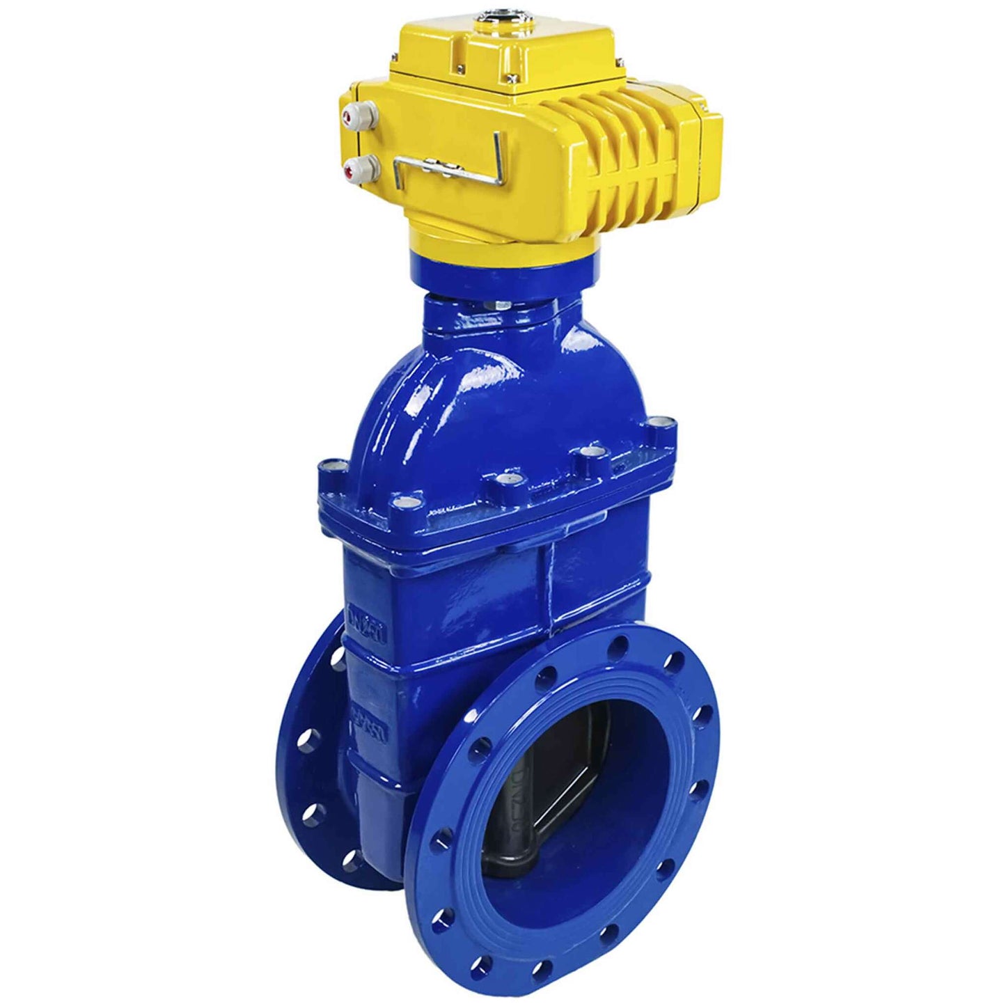 Wedge gate valve DNOVA GVWN1414E-2W-F flange connection, body material - cast iron GGG50, wedge material - rubber, seal - EPDM, color - blue, with a non-rising spindle, electric actuator DNOVA MT-200-380, 380V