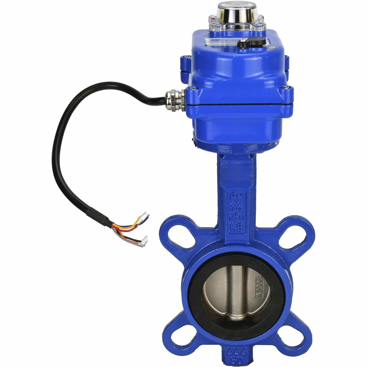 Válvula de mariposa de agua DNOVA ggg50-316l-epdm-DNOVA-12, material del cuerpo: hierro fundido GGG50, material del disco: acero inoxidable AISI 316L, junta: EPDM, accionamiento por actuador eléctrico.