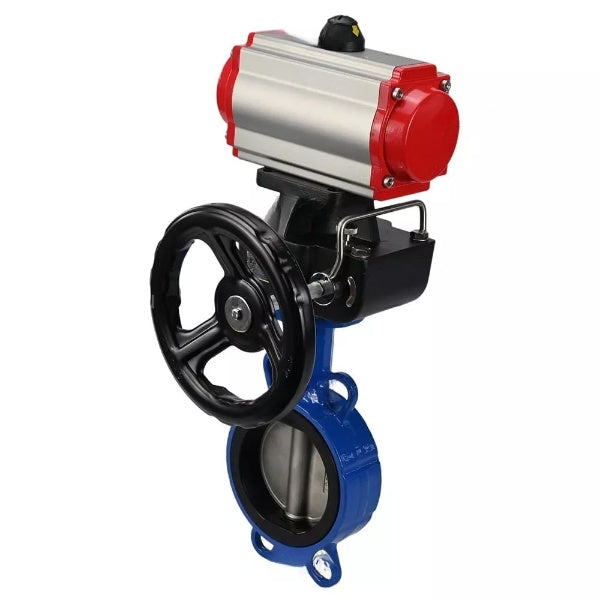 Válvula de mariposa de agua DNOVA WBV3432E-2W-Fb-H, material del cuerpo - acero al carbono, material del disco - acero inoxidable AISI 316L, junta - EPDM, con actuador neumático de doble acción PA-DA, 4V320-08 220V, volante MON