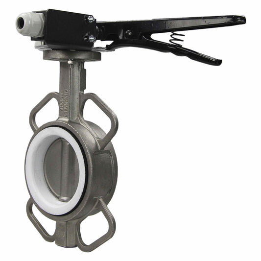 Water butterfly valve DNOVA 316L-316L-PTFE body material - stainless steel AISI 316L, disk material - stainless steel AISI 316L, seal - PTFE with handle, with two LS-103 250V limit switches and a bracket for mounting the limit switches