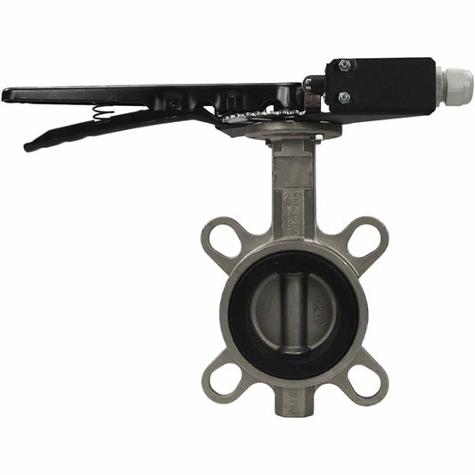 Water butterfly valve DNOVA 316L-316L-EPDM body material - stainless steel AISI 316L, disk material - stainless steel AISI 316L, seal - EPDM with handle, with two limit switches LS-103 250V and a bracket for mounting limit switches