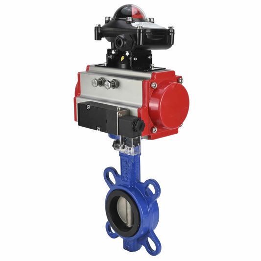 Water Butterfly Valve DNOVA WBV1332N-2W-Fb-H body material - Cast iron GGG50, disk material - Stainless steel 316L, seal - NBR with pneumatic actuator DA, pneumatic distributor 4M310-08 220V and limit switch block APL-210N