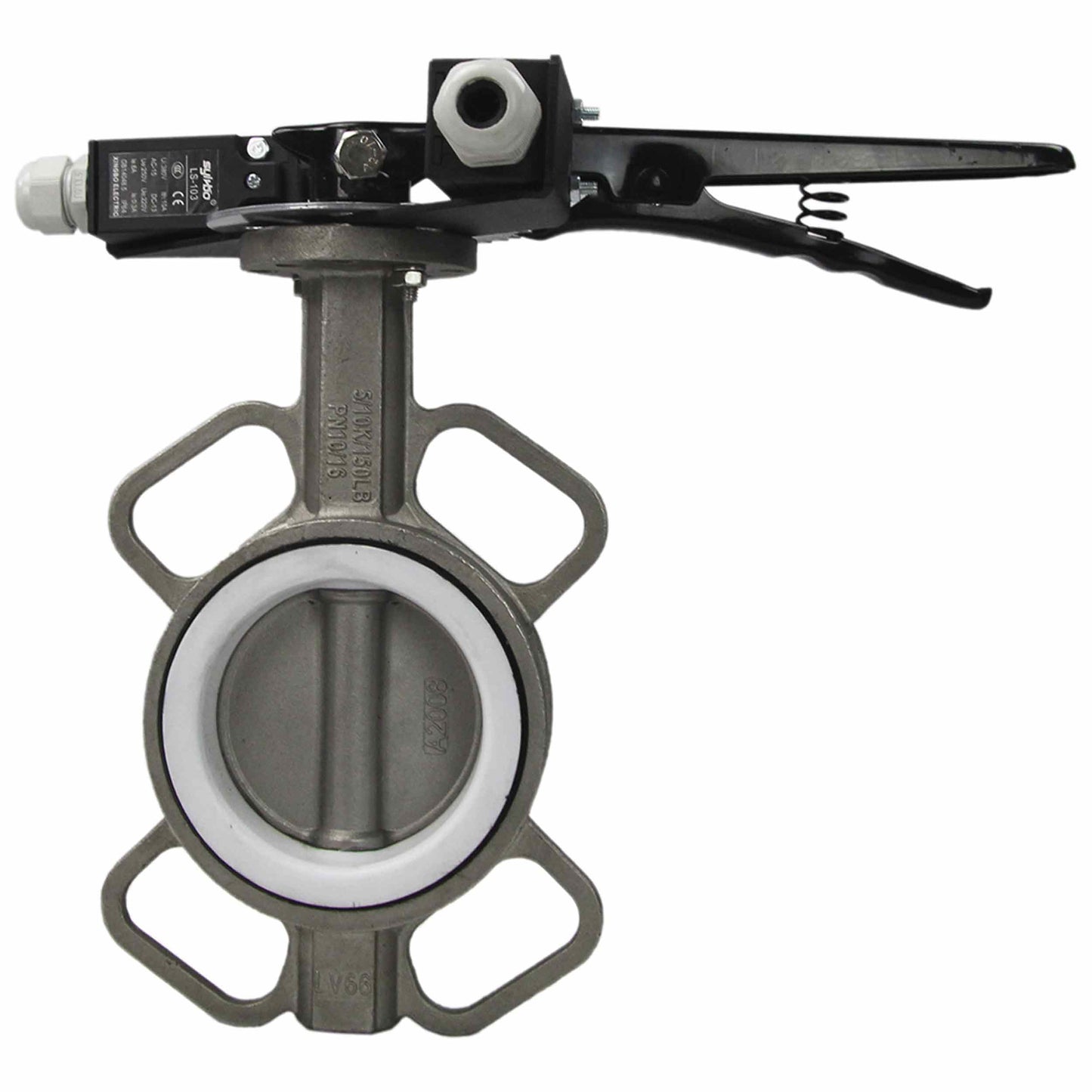 Water butterfly valve DNOVA 316L-316L-PTFE body material - stainless steel AISI 316L, disk material - stainless steel AISI 316L, seal - PTFE with handle, with two LS-103 250V limit switches and a bracket for mounting the limit switches