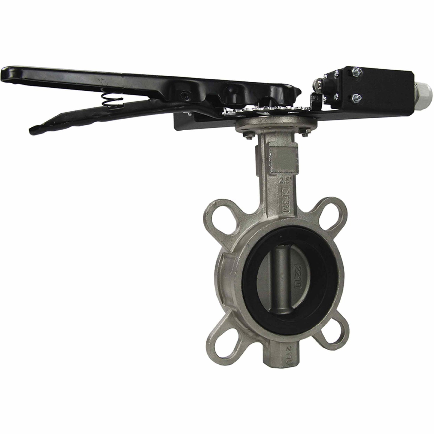 Water butterfly valve DNOVA 316L-316L-EPDM body material - stainless steel AISI 316L, disk material - stainless steel AISI 316L, seal - EPDM with handle, with two limit switches LS-103 250V and a bracket for mounting limit switches