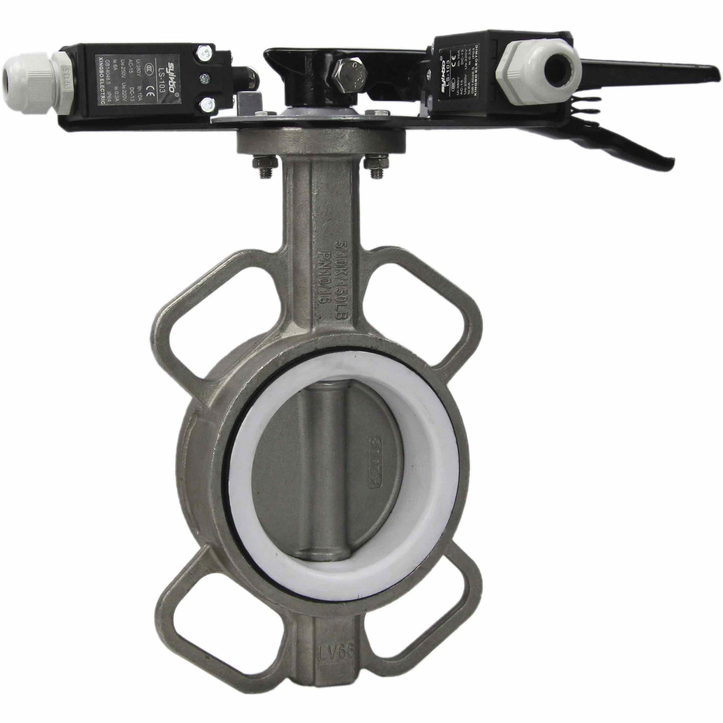 Water butterfly valve DNOVA 316L-316L-PTFE body material - stainless steel AISI 316L, disk material - stainless steel AISI 316L, seal - PTFE with handle, with two LS-103 250V limit switches and a bracket for mounting the limit switches