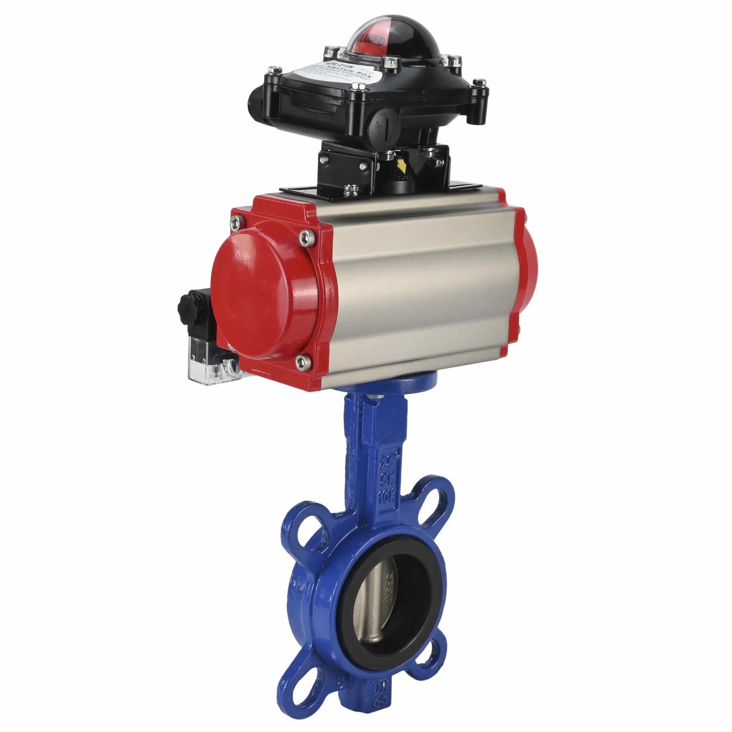 Water Butterfly Valve DNOVA WBV1332N-2W-Fb-H body material - Cast iron GGG50, disk material - Stainless steel 316L, seal - NBR with pneumatic actuator DA, pneumatic distributor 4M310-08 220V and limit switch block APL-210N