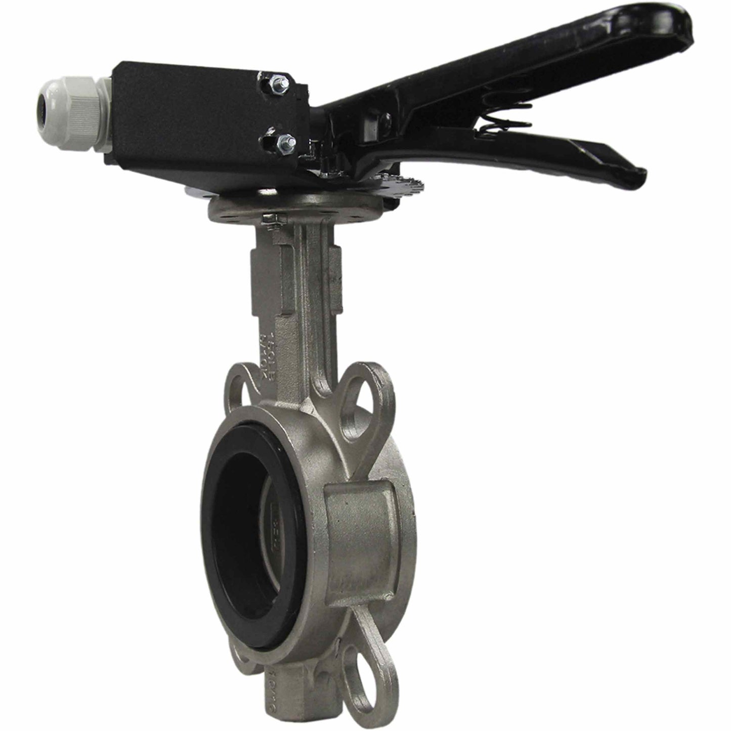 Water butterfly valve DNOVA 316L-316L-EPDM body material - stainless steel AISI 316L, disk material - stainless steel AISI 316L, seal - EPDM with handle, with two limit switches LS-103 250V and a bracket for mounting limit switches