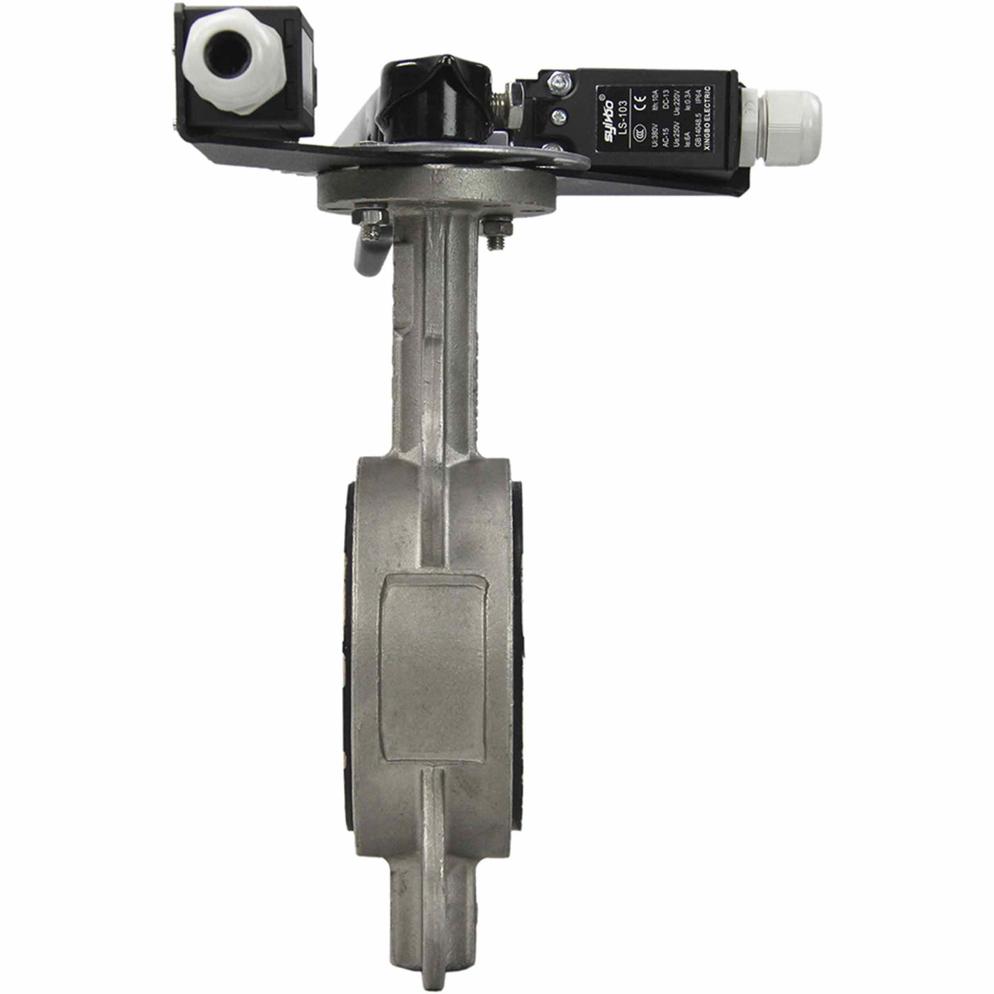 Water butterfly valve DNOVA 316L-316L-PTFE body material - stainless steel AISI 316L, disk material - stainless steel AISI 316L, seal - PTFE with handle, with two LS-103 250V limit switches and a bracket for mounting the limit switches