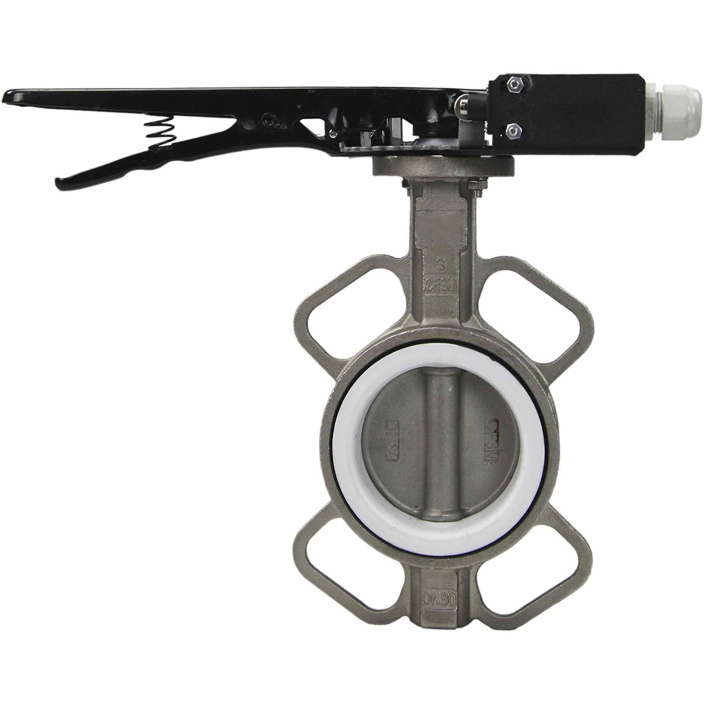 Water butterfly valve DNOVA 316L-316L-PTFE body material - stainless steel AISI 316L, disk material - stainless steel AISI 316L, seal - PTFE with handle, with two LS-103 250V limit switches and a bracket for mounting the limit switches
