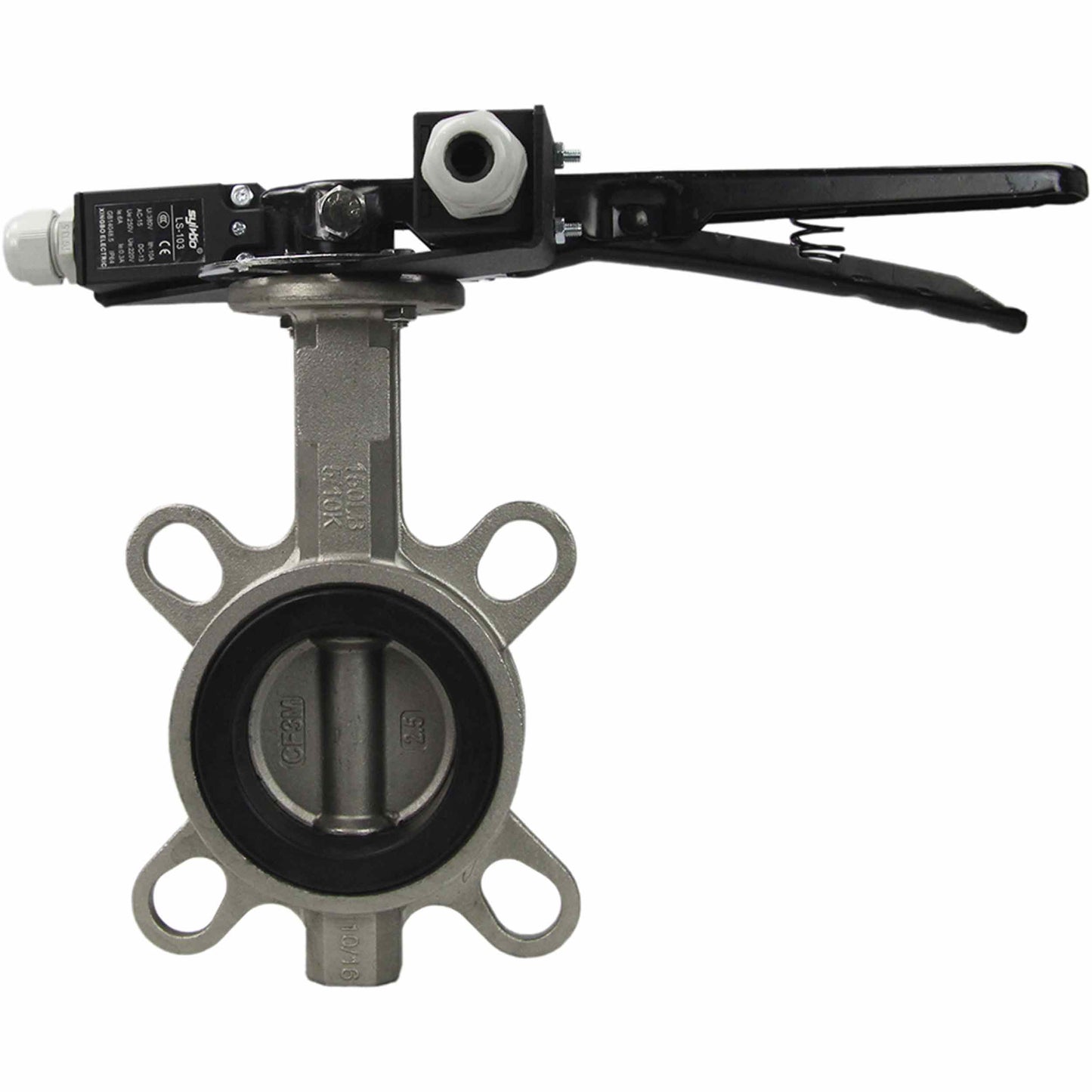 Water butterfly valve DNOVA 316L-316L-NBR body material - stainless steel AISI 316L, disk material - stainless steel AISI 316L, seal - NBR with handle, with two limit switches LS-103 250V and a bracket for mounting limit switches