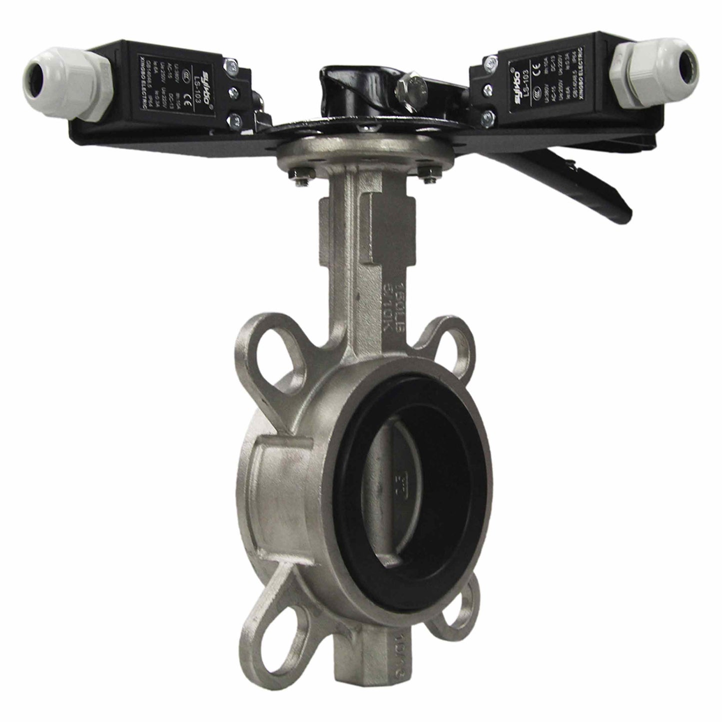 Water butterfly valve DNOVA 316L-316L-EPDM body material - stainless steel AISI 316L, disk material - stainless steel AISI 316L, seal - EPDM with handle, with two limit switches LS-103 250V and a bracket for mounting limit switches