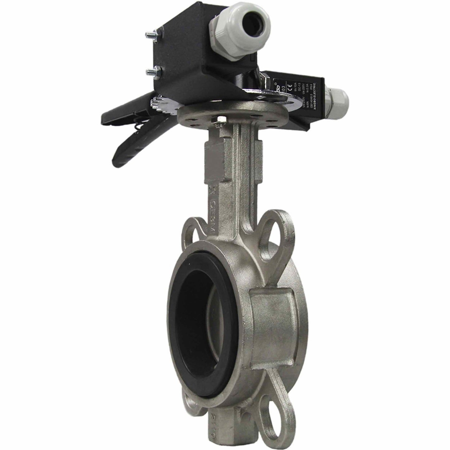 Water butterfly valve DNOVA 316L-316L-NBR body material - stainless steel AISI 316L, disk material - stainless steel AISI 316L, seal - NBR with handle, with two limit switches LS-103 250V and a bracket for mounting limit switches