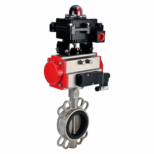 Water butterfly valve DNOVA 316L-316L-VITON body material - stainless steel aisi 316l, disk material - stainless steel AISI 316L, seal - Viton with pneumatic actuator DNOVA DA, pneumatic distributor 4M310-08 220V and limit switch block APL-410N EX