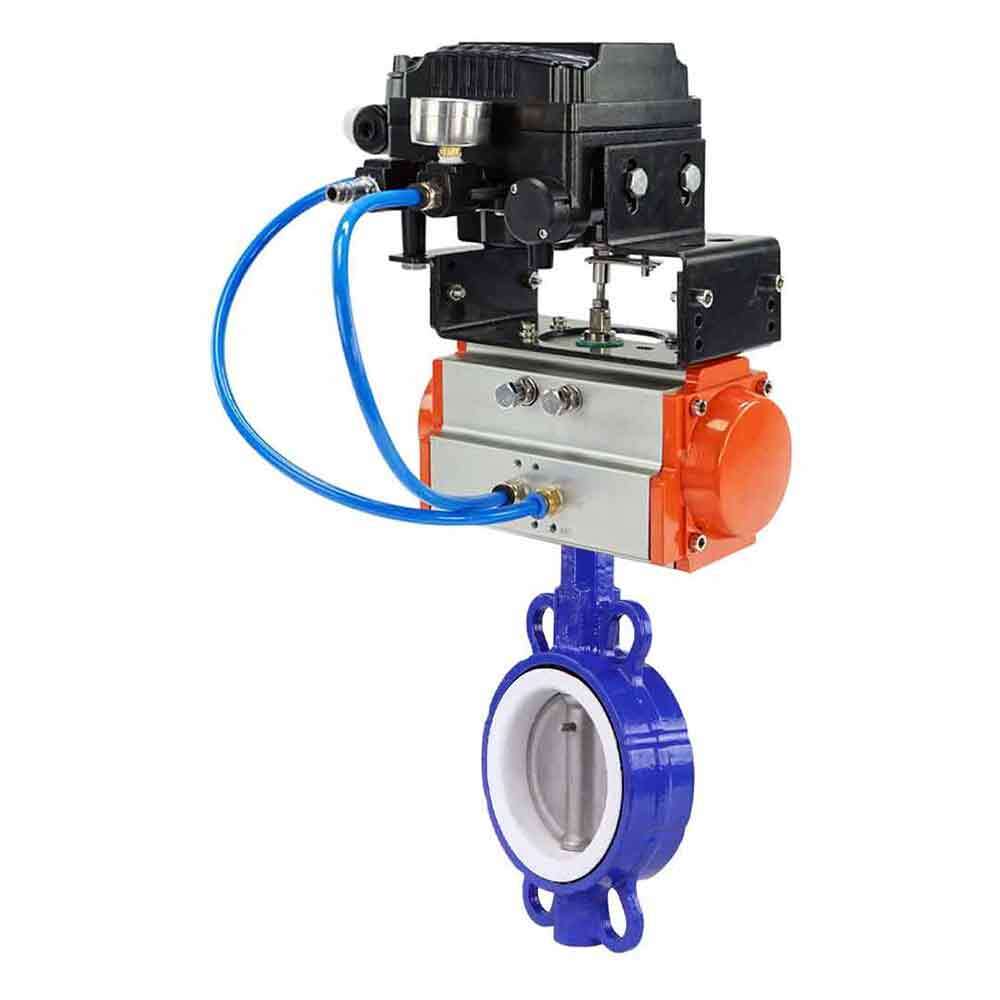 Válvula de mariposa de agua DNOVA st-316l-ptfe-DNOVA-da-yt1000rsi, material del cuerpo: acero al carbono WCB, material del disco: acero inoxidable AISI 316L, sello: PTFE, accionado por actuador neumático