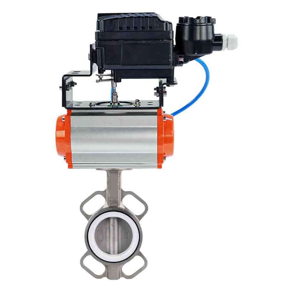 Válvula de mariposa de agua DNOVA 316l-ptfe-DNOVA-da-yt1000rsi, material del cuerpo - acero inoxidable AISI 316L, material del disco - acero inoxidable AISI 316L, sello - PTFE, actuador neumático operado