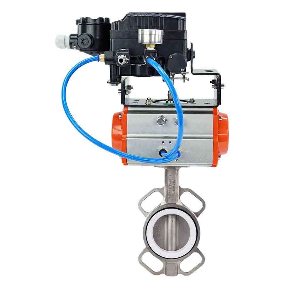 Válvula de mariposa de agua DNOVA 316l-ptfe-DNOVA-da-yt1000rsn, material del cuerpo - acero inoxidable AISI 316L, material del disco - acero inoxidable AISI 316L, sello - PTFE, actuador neumático operado
