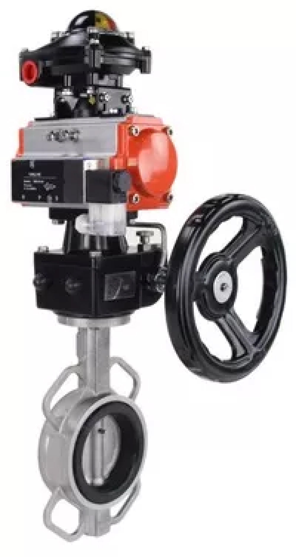 Válvula de mariposa de agua DNOVA WBV3232E-2W-Fb-H, material del cuerpo - acero inoxidable AISI 316L, material del disco - acero inoxidable AISI 316L, junta - EPDM, con actuador neumático de doble acción PA-DA, 4V320-08 220V, volante MON