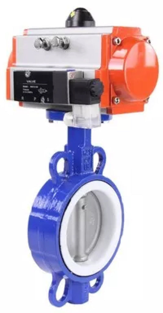 Válvula de mariposa de agua DNOVA WBV3432P-2W-Fb-H, material del cuerpo - acero al carbono, material del disco - acero inoxidable AISI 316L, sello - PTFE, con actuador neumático de doble acción PA-DA, 4V320-10 220V