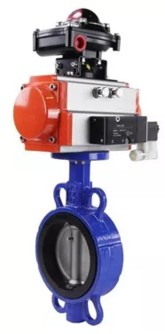 Water Butterfly Valve DNOVA WBV1432E-2W-Fb-H, body material - cast iron GGG50, disk material - stainless steel AISI 316L, seal - EPDM, with pneumatic actuator with return springs PA-SA, 4M310-08 NAMUR 24V, LSU APL-510N-EX