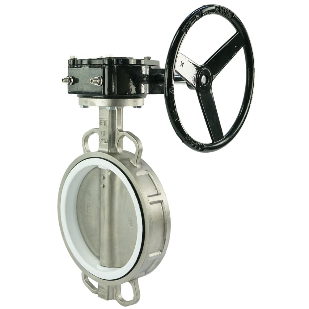 Válvula de mariposa de agua DNOVA 316L-PTFE-RDN, material del cuerpo: acero inoxidable AISI 316L, material del disco: acero inoxidable AISI 316L, sello: PTFE, accionada por engranajes