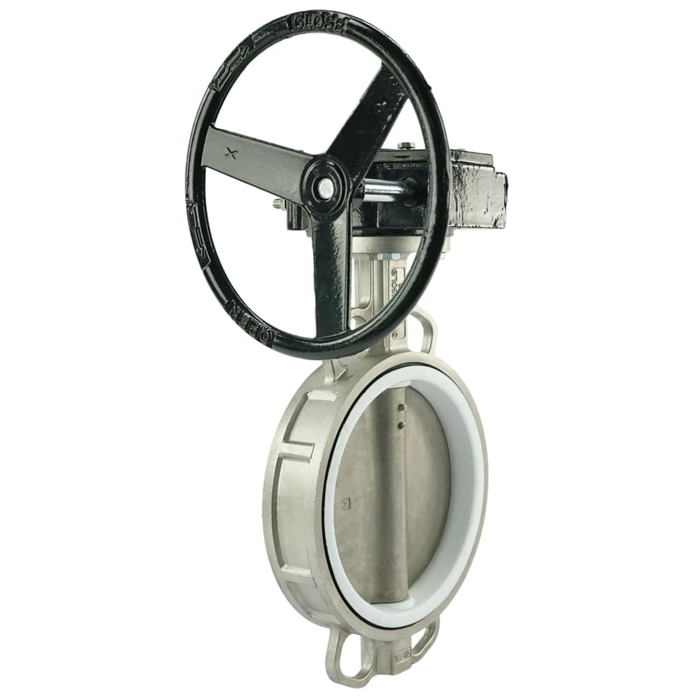 Válvula de mariposa de agua DNOVA 316L-PTFE-RDN, material del cuerpo: acero inoxidable AISI 316L, material del disco: acero inoxidable AISI 316L, sello: PTFE, accionada por engranajes