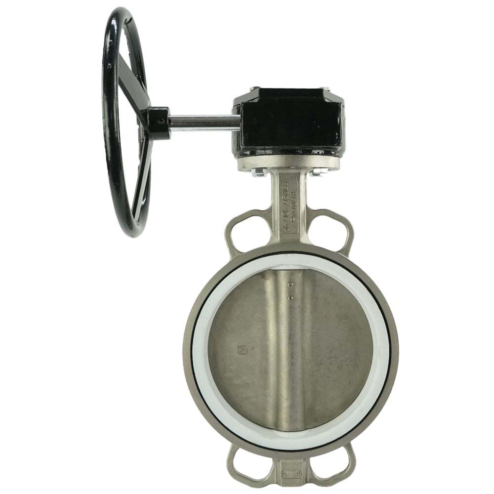 Válvula de mariposa de agua DNOVA 316L-PTFE-RDN, material del cuerpo: acero inoxidable AISI 316L, material del disco: acero inoxidable AISI 316L, sello: PTFE, accionada por engranajes
