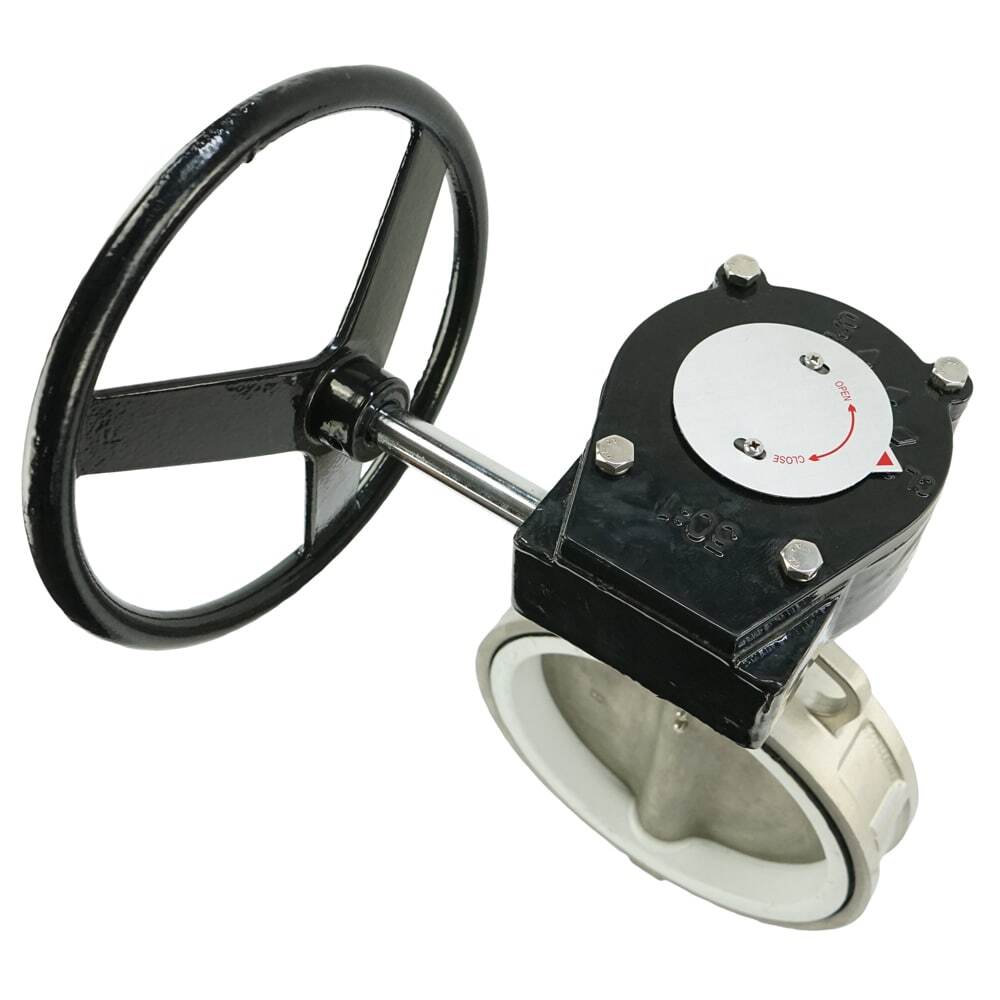 Válvula de mariposa de agua DNOVA 316L-PTFE-RDN, material del cuerpo: acero inoxidable AISI 316L, material del disco: acero inoxidable AISI 316L, sello: PTFE, accionada por engranajes