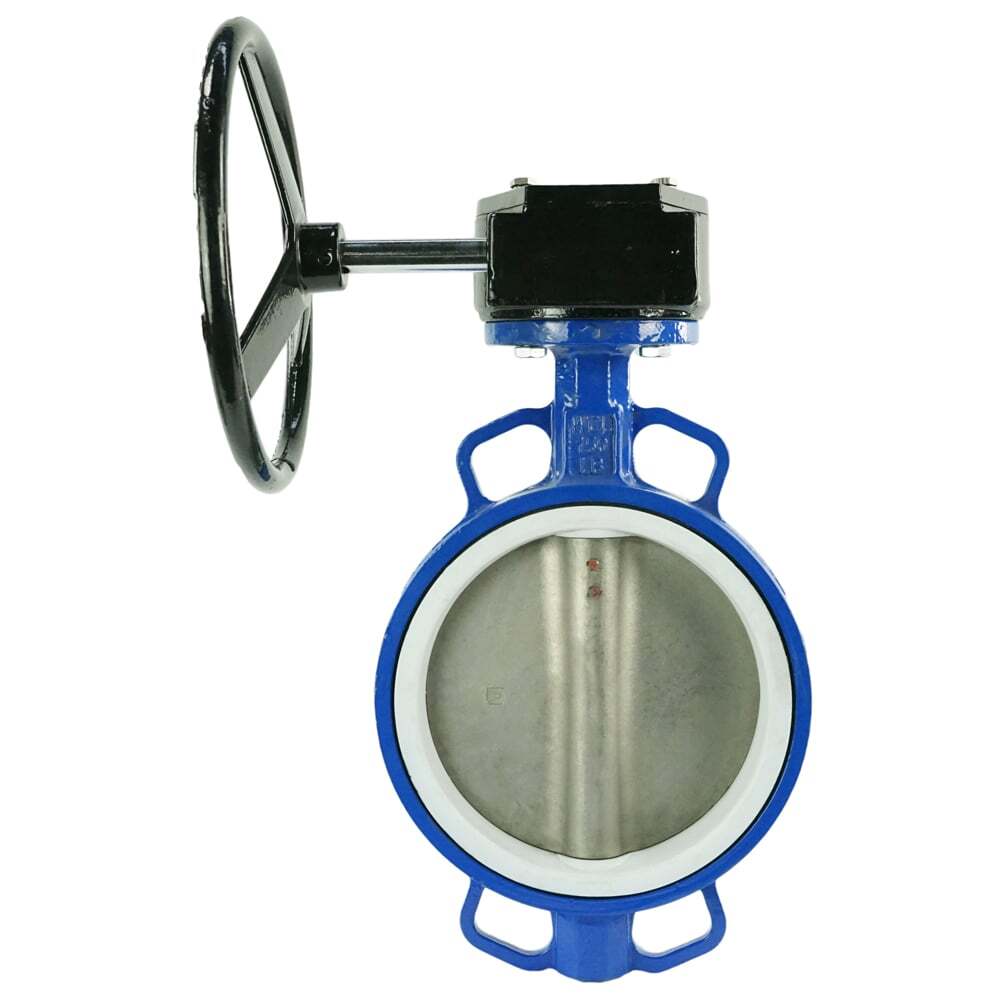 Válvula de mariposa de agua DNOVA WCB-316L-PTFE-RDN, material del cuerpo - acero al carbono WCB, material del disco - acero inoxidable AISI 316L, sello - PTFE, operada por engranajes