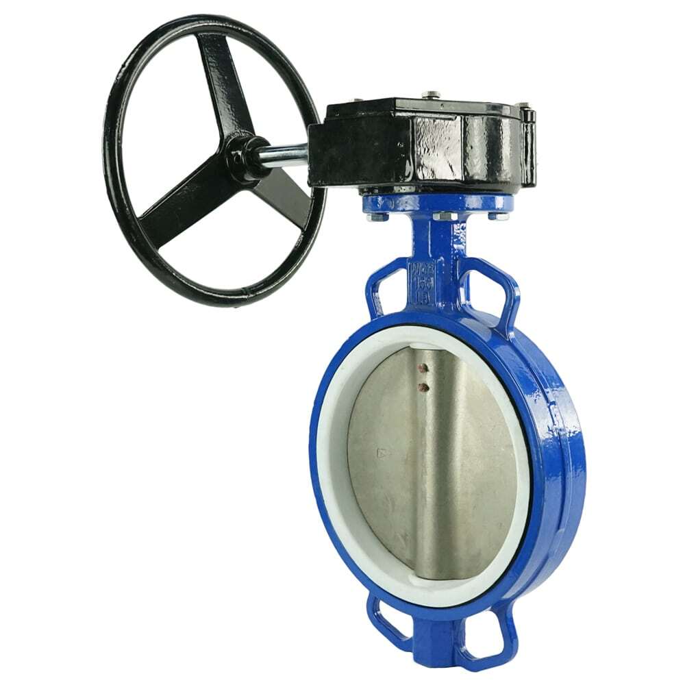 Válvula de mariposa de agua DNOVA WCB-316L-PTFE-RDN, material del cuerpo - acero al carbono WCB, material del disco - acero inoxidable AISI 316L, sello - PTFE, operada por engranajes