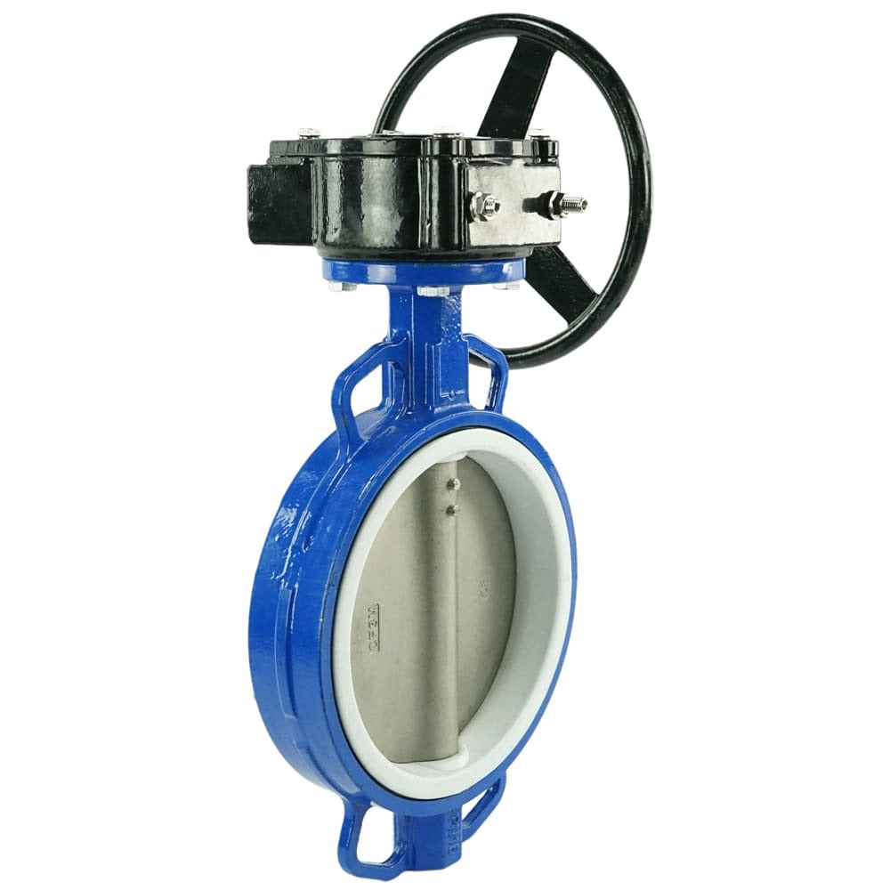 Válvula de mariposa de agua DNOVA WCB-316L-PTFE-RDN, material del cuerpo - acero al carbono WCB, material del disco - acero inoxidable AISI 316L, sello - PTFE, operada por engranajes