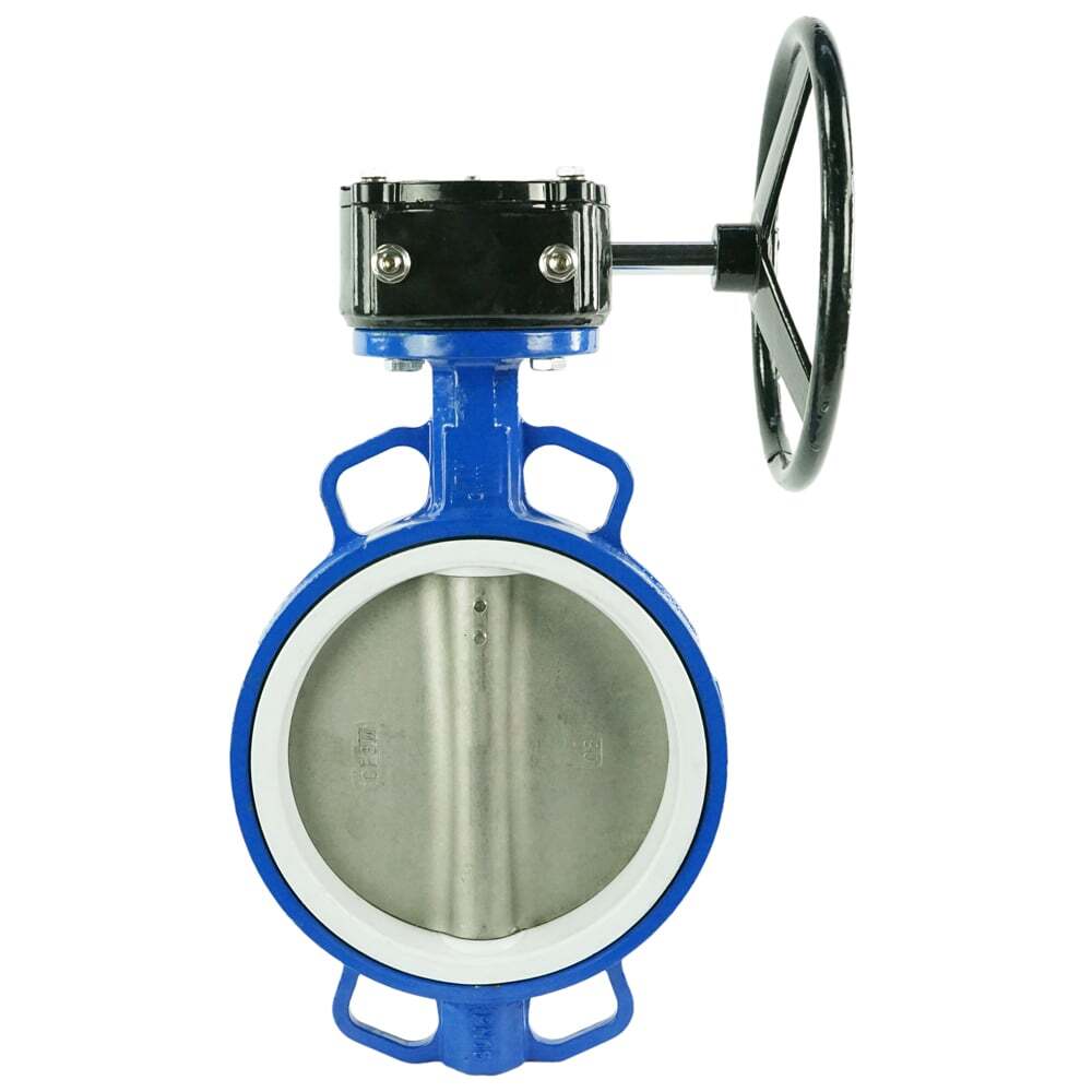Válvula de mariposa de agua DNOVA WCB-316L-PTFE-RDN, material del cuerpo - acero al carbono WCB, material del disco - acero inoxidable AISI 316L, sello - PTFE, operada por engranajes