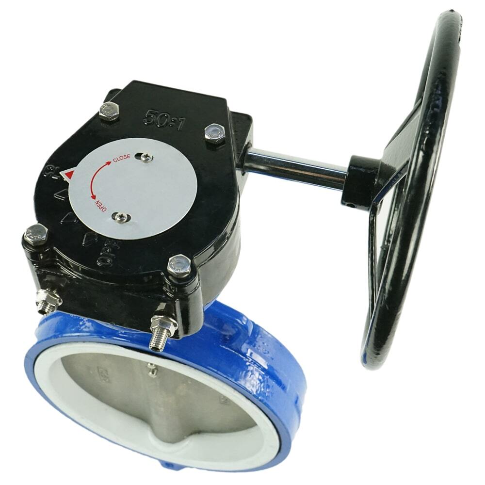 Válvula de mariposa de agua DNOVA WCB-316L-PTFE-RDN, material del cuerpo - acero al carbono WCB, material del disco - acero inoxidable AISI 316L, sello - PTFE, operada por engranajes
