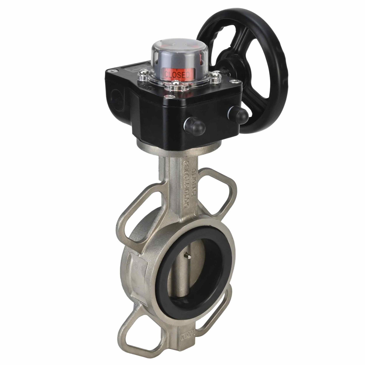 Válvula de mariposa de agua DNOVA 316L-EPDM-HGB, material del cuerpo - acero inoxidable AISI 316L, material del disco - acero inoxidable AISI 316L, sello - EPDM, operada por engranajes
