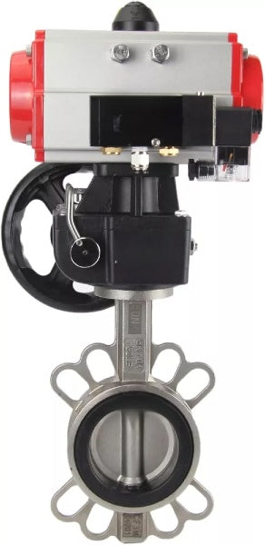 Válvula de mariposa de agua DNOVA WBV3232V-2W-Fb-H, material del cuerpo - acero inoxidable AISI 316L, material del disco - acero inoxidable AISI 316L, sello - Viton, con actuador neumático de doble acción PA-DA, 4V320-08 220V, volante MON