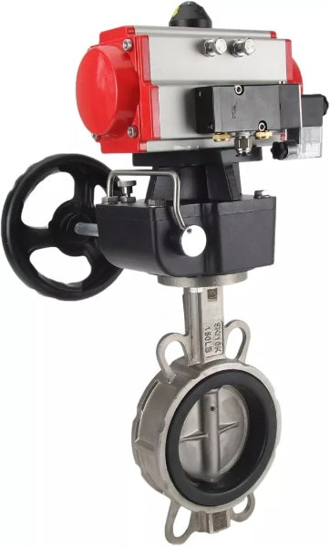 Válvula de mariposa de agua DNOVA WBV3232V-2W-Fb-H, material del cuerpo - acero inoxidable AISI 316L, material del disco - acero inoxidable AISI 316L, sello - Viton, con actuador neumático de doble acción PA-DA, 4V320-08 220V, volante MON