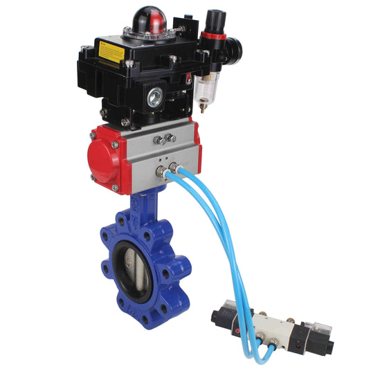 Water Butterfly Valve DNOVA WBV1616E-2W-Fb-H, body material - cast iron QT450, disk material - cast iron QT450, seal - EPDM, pneumatic actuator PA-SA with return springs, 4V320-08 220V, LSU APL-410N EX, ATU AFC2000