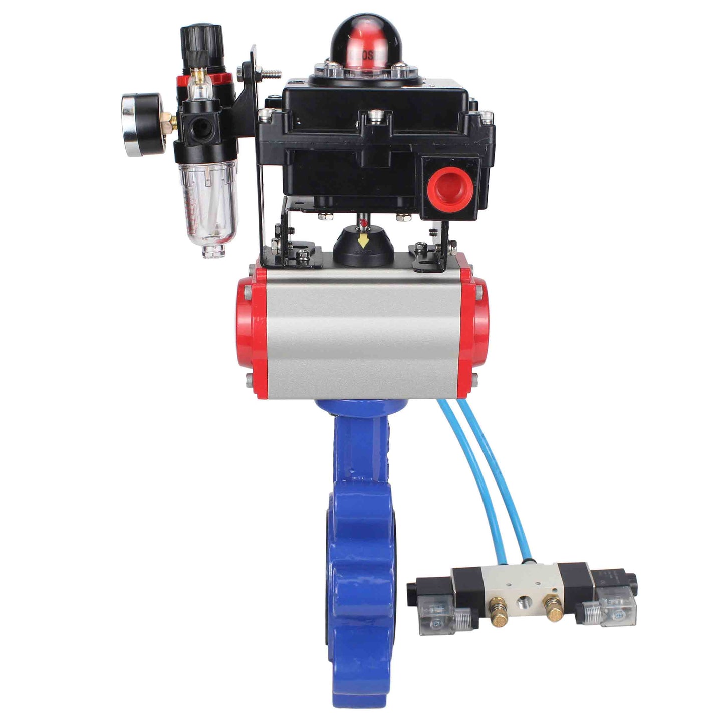 صمام فراشة الماء DNOVA WBV1616E-2W-Fb-H، مادة الهيكل - حديد زهر QT450، مادة القرص - حديد زهر QT450، الختم - EPDM، مشغل هوائي PA-DA مزدوج الفعل، 4V320-08 220 فولت، LSU APL-410N EX، ATU AFC2000