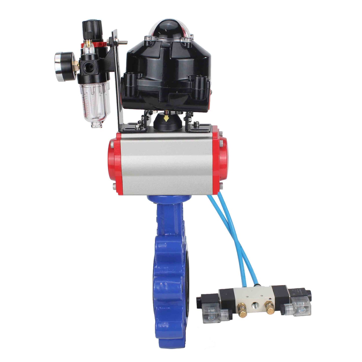 Válvula de mariposa de agua DNOVA WBV1631E-2W-Fb-H, material del cuerpo: fundición gris QT450, material del disco: acero inoxidable AISI 304, junta: EPDM, actuador neumático PA-DA de doble acción, 4V320-08 220 V, LSU APL-510N EX, ATU AFC2000