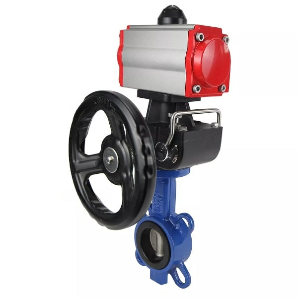 Válvula de mariposa de agua DNOVA WBV3432E-2W-Fb-H, material del cuerpo - acero al carbono, material del disco - acero inoxidable AISI 316L, junta - EPDM, con actuador neumático de doble acción PA-DA, 4V320-08 220V, volante MON