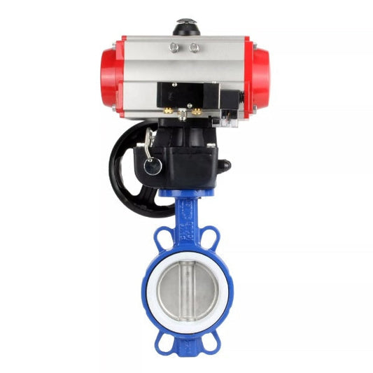 Válvula de mariposa de agua DNOVA WBV3432P-2W-Fb-H, material del cuerpo - acero al carbono, material del disco - acero inoxidable AISI 316L, sello - PTFE, con actuador neumático de doble acción PA-DA, 4V320-08 220V, volante MON