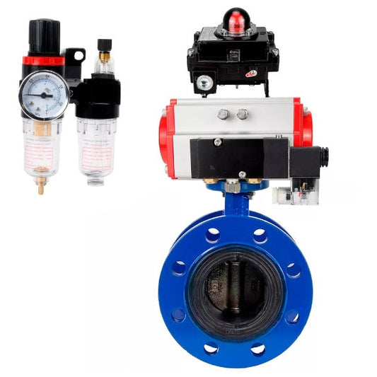 Water Butterfly Valve DNOVA WBV1331E-2W-F-H, body material - Cast iron GGG40/EN-GJS-400-15, disk material - Stainless steel AISI 304, seal - EPDM, pneumatic actuator PA-SA with return springs, 4M310-08 NAMUR 24V, LSU APL-410N EX, ATU AFC2000