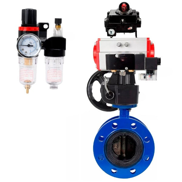 Water Butterfly Valve DNOVA WBV1331E-2W-F-H, body material - Cast iron GGG40/EN-GJS-400-15, disk material - Stainless steel AISI 304, seal - EPDM, pneumatic actuator PA-DA double action, 4M310-08 NAMUR 220V, LSU APL-410N EX, handwheel MON, ATU AFC2000