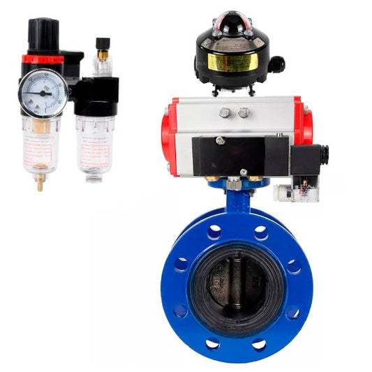 Water Butterfly Valve DNOVA WBV1331E-2W-F-H, body material - Cast iron GGG40/EN-GJS-400-15, disk material - Stainless steel AISI 304, seal - EPDM, pneumatic actuator PA-SA with return springs, 4M310-08 NAMUR 24V, LSU APL-510N EX, ATU AFC2000